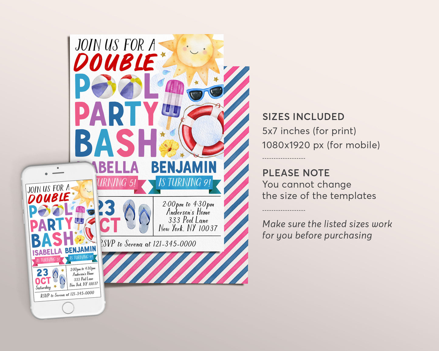 Pool Party Joint Siblings Birthday Invitation Editable Template, Summer Boy Girl Twins Swimming Pool Party Invite, End Of School Evite