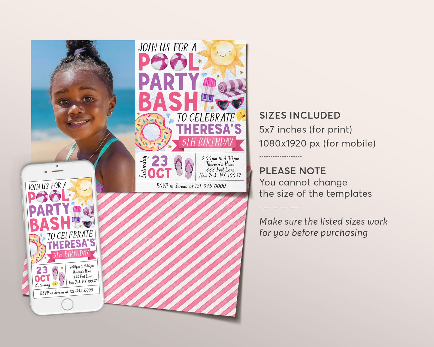 Pool Party Birthday Invitation With Photo Editable Template, Summer Tropical Swimming Pool Party Invite, Girl Splash Pad End Of School Evite