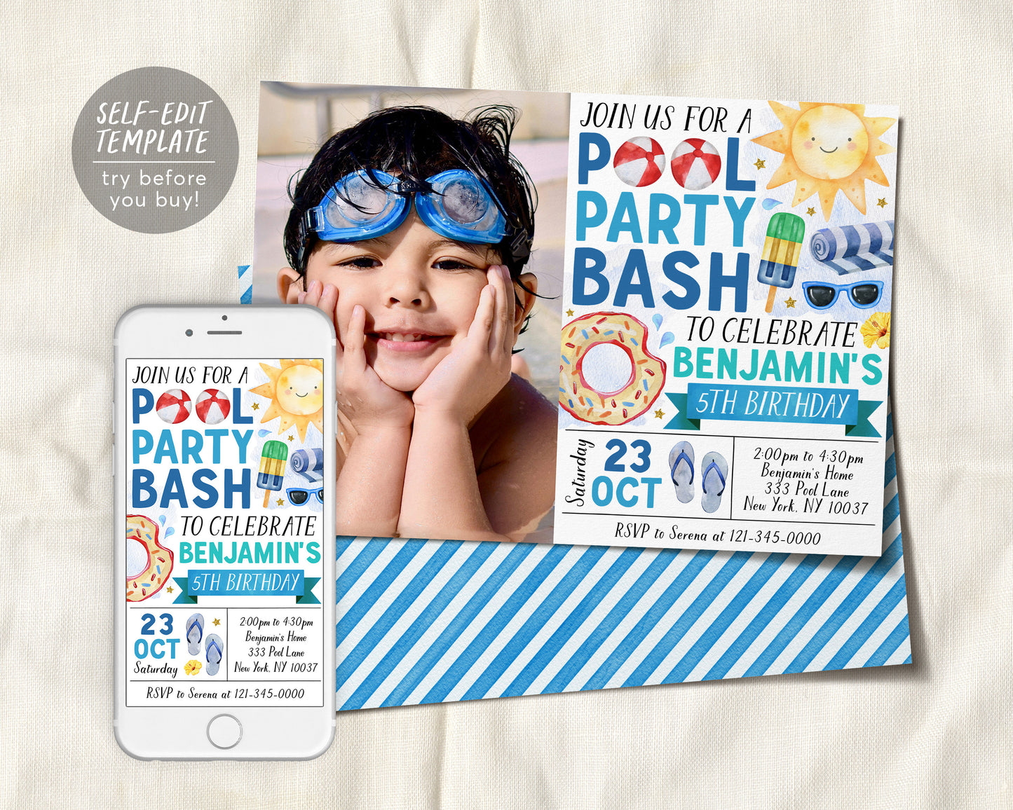 Pool Party Birthday Invitation With Photo Editable Template