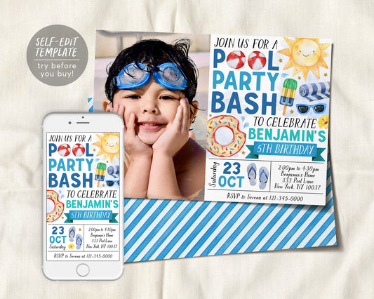 Pool Party Birthday Invitation With Photo Editable Template