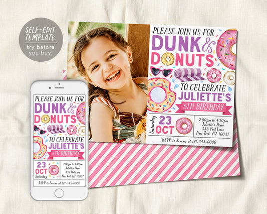 Donut Pool Party Birthday Invitation With Photo Editable Template