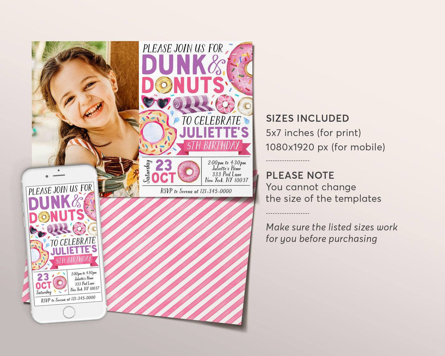 Donut Pool Party Birthday Invitation With Photo Editable Template, Girl Dunk and Donuts Invite, Summer Swimming Pool Party Bash Evite