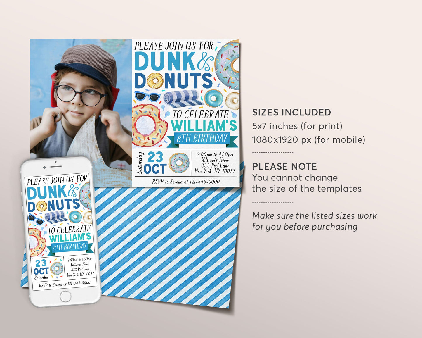 Donut Pool Party Birthday Invitation With Photo Editable Template, Boy Dunk and Donuts Invite, Summer Swimming Pool Party Bash Evite