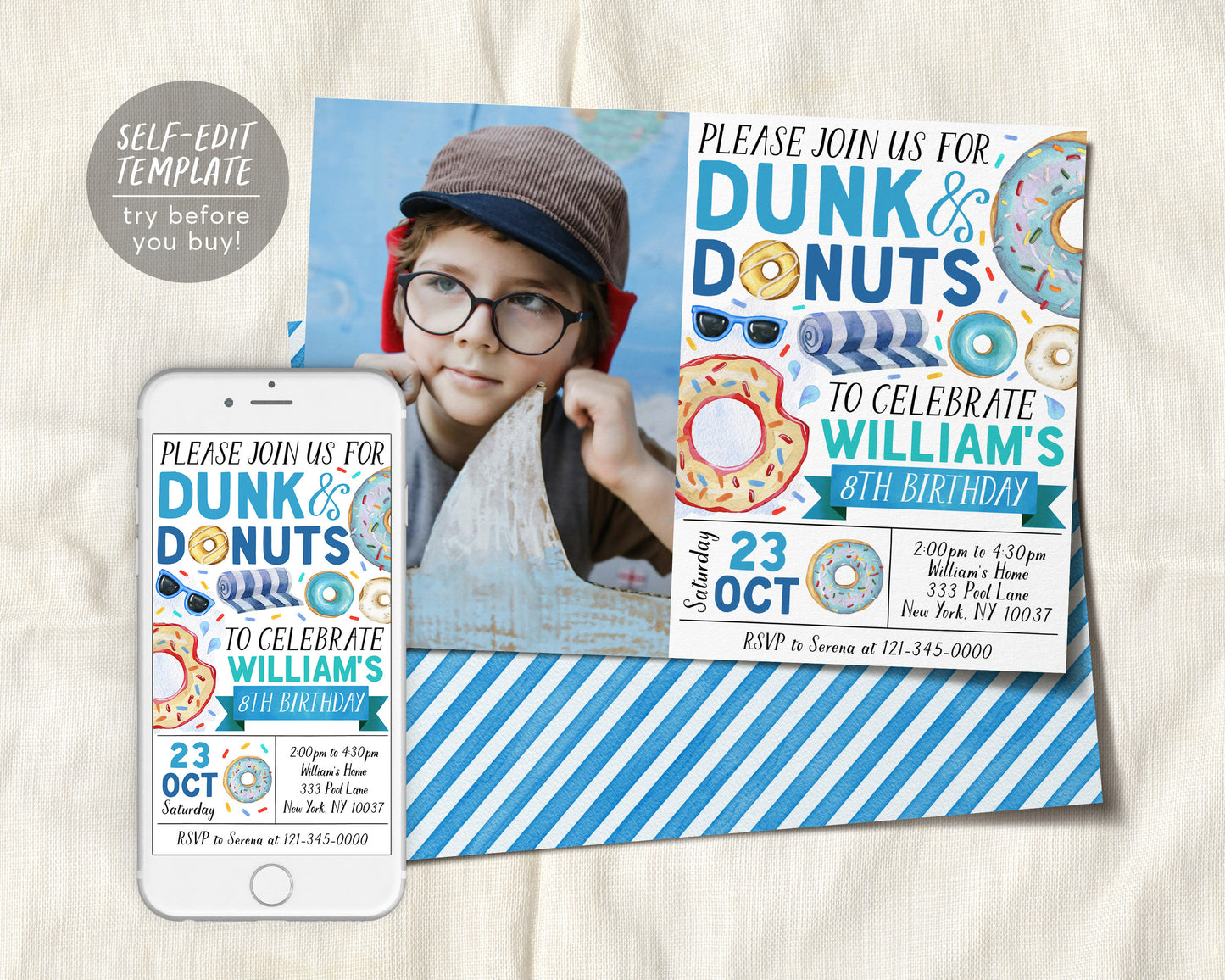 Donut Pool Party Birthday Invitation With Photo Editable Template