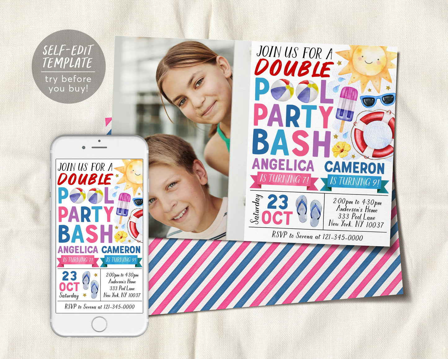 Pool Party Joint Siblings Birthday Invitation With Photo Editable Template