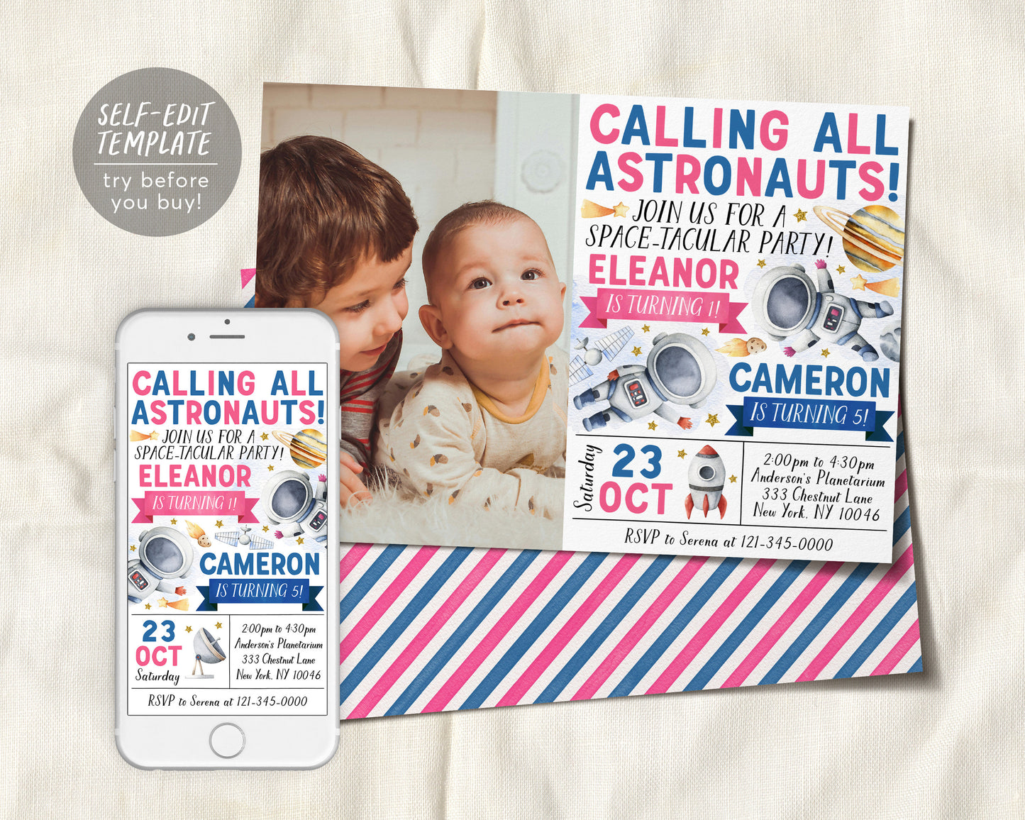 Astronaut Joint Siblings Double Birthday Invitation With Photo Editable Template