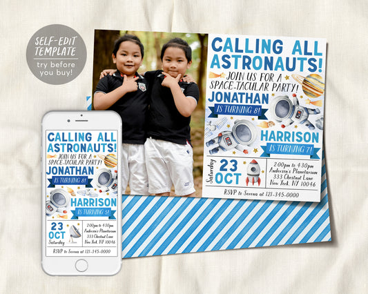 Astronaut Joint Siblings Double Birthday Invitation With Photo Editable Template