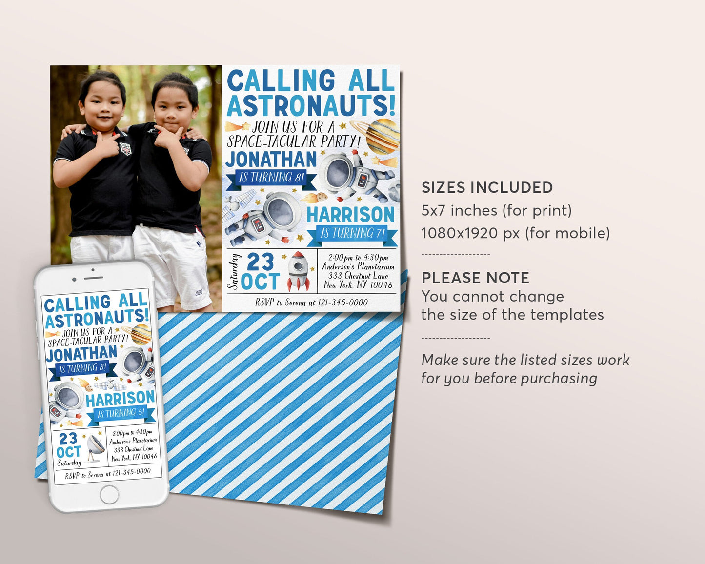 Astronaut Joint Siblings Birthday Invitation With Photo Editable Template, Boy Twins Outer Space Themed Party Invite, Rocket Ship Evite