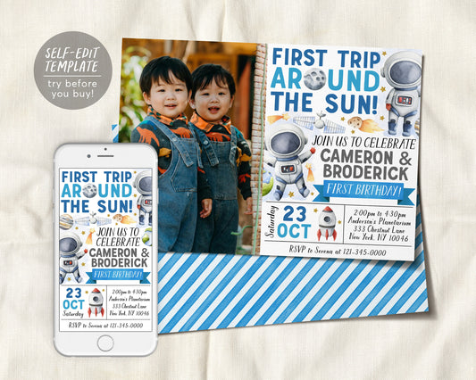 Outer Space First Birthday Joint Twins Siblings Invitation With Photo Editable Template, First Trip Around the Sun Party Invite, Astronaut