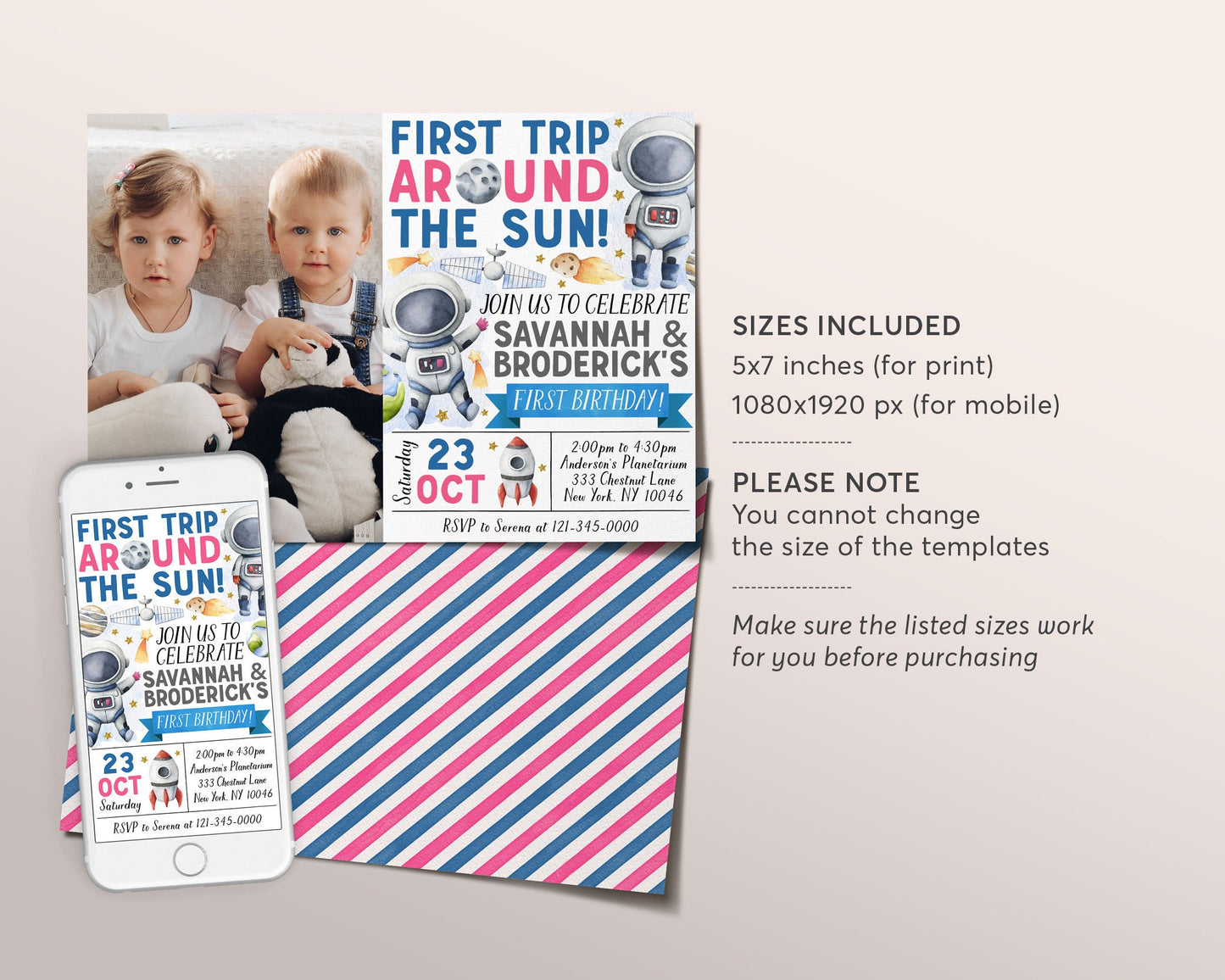 Outer Space First Birthday Joint Twins Siblings Invitation With Photo Editable Template, Astronauts First Trip Around the Sun Party Invite