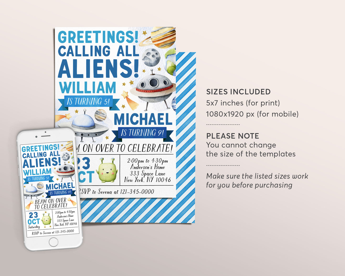 UFO Alien Joint Siblings Birthday Invitation Editable Template, Boys Twins Beam On Over Outer Space Party Invite, Out Of This World Evite