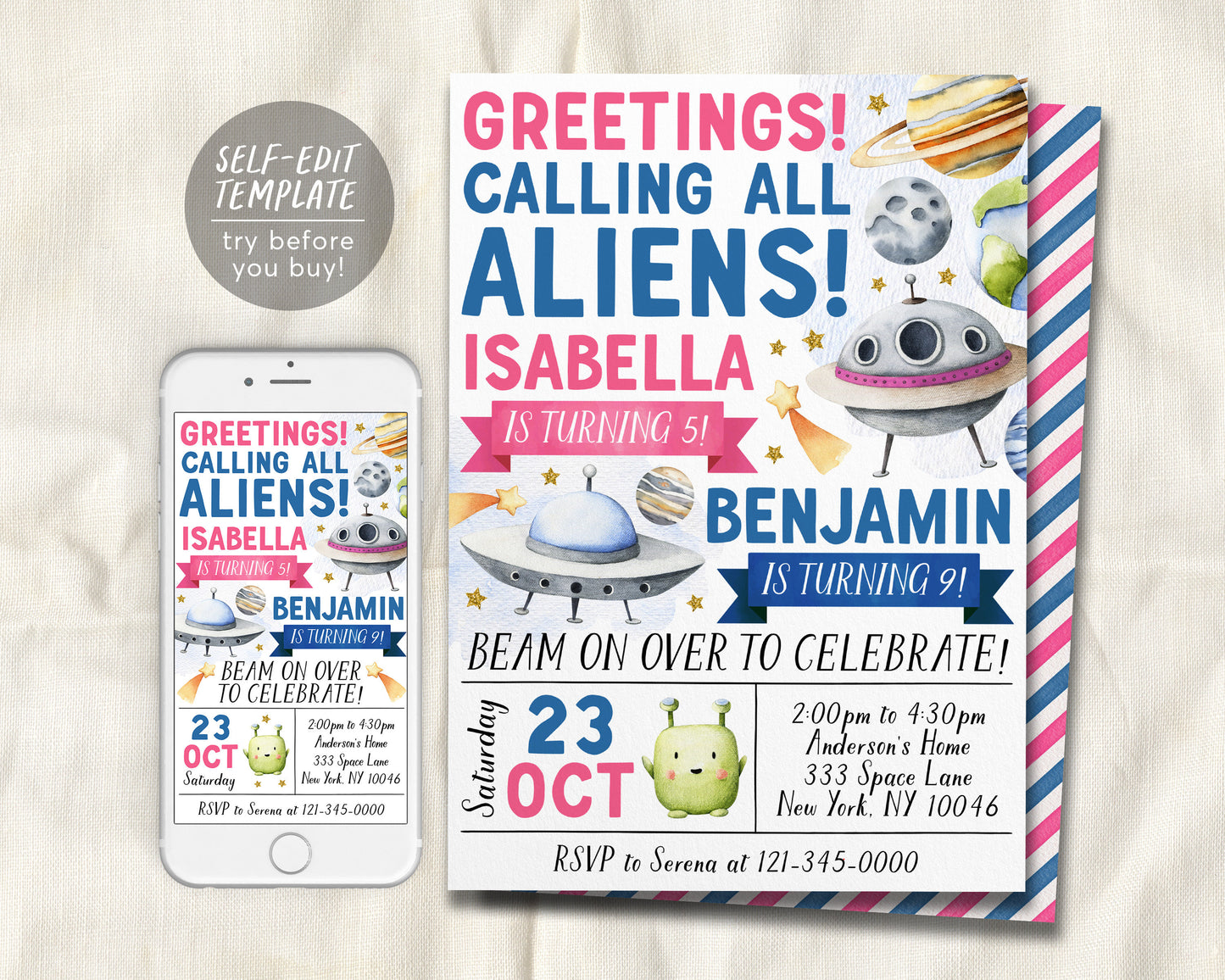 UFO Alien Joint Siblings Birthday Invitation Editable Template