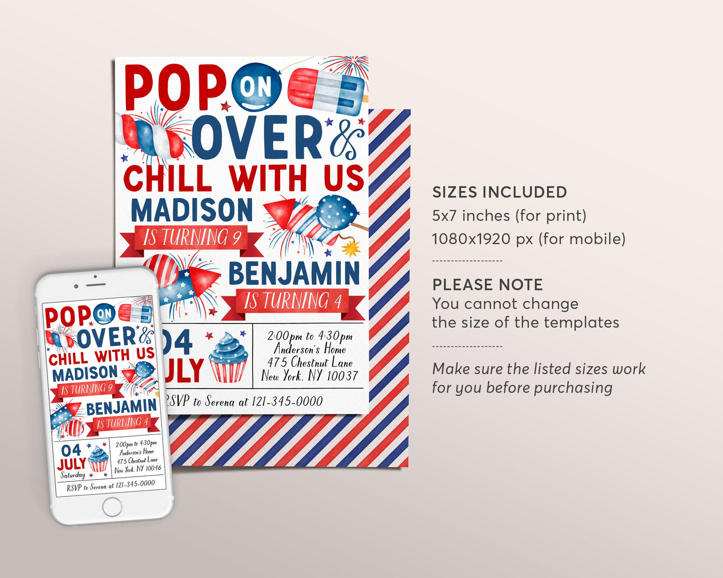 4th of July Joint Siblings Birthday Invitation Editable Template, Popsicle Pop On Over Summer Patriotic Party Invite, Chill With Us Evite