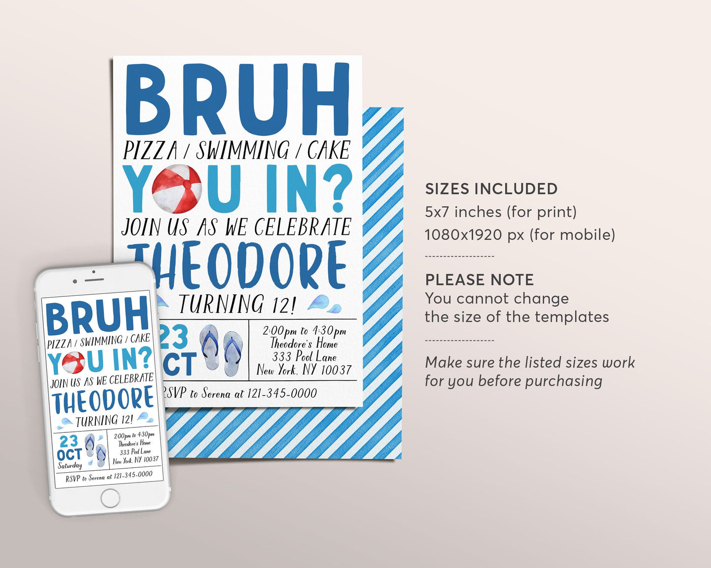 Bruh Pool Party Birthday Invitation Editable Template, Summer Bruh It's My Birthday Pool Party Invite, Teenager Teen End Of School Evite