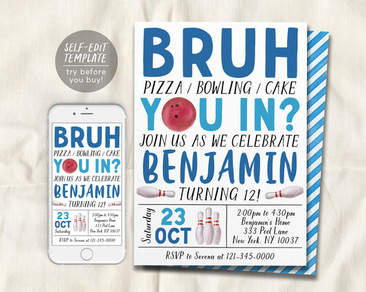 Bruh Bowling Birthday Invitation Editable Template