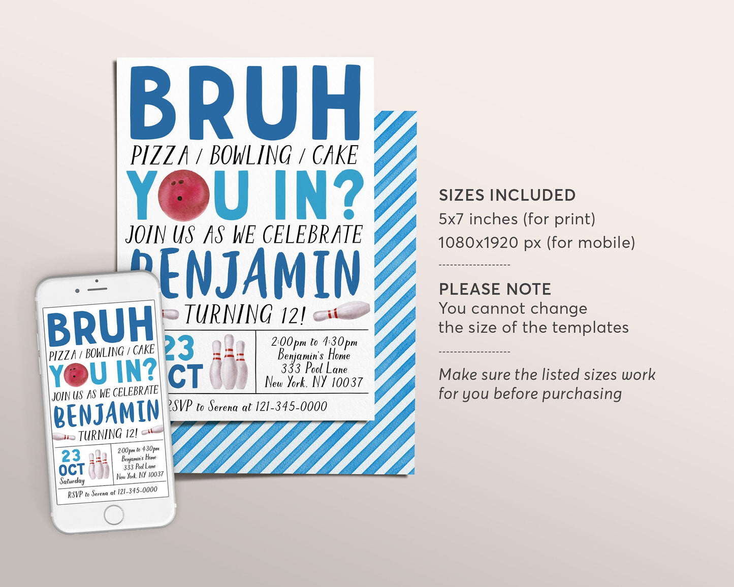 Bruh Bowling Birthday Invitation Editable Template, Bruh It's My Birthday Bowling Alley Party Invite, Teenager Strike Up Some Fun Evite