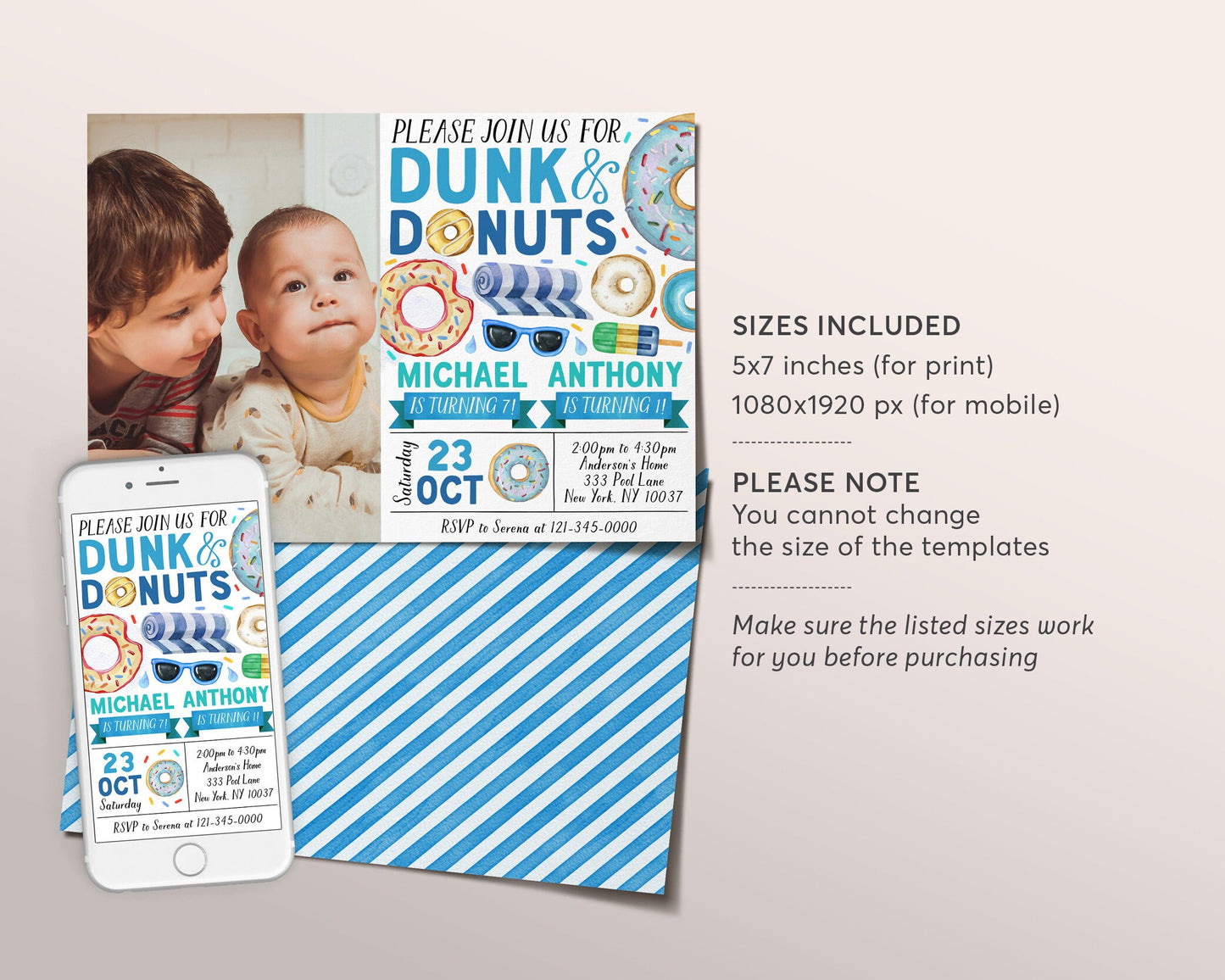 Donut Pool Party Joint Siblings Birthday Invitation With Photo Editable Template, Brothers Twins Boys Dunk and Donuts Invite, Swimming Evite