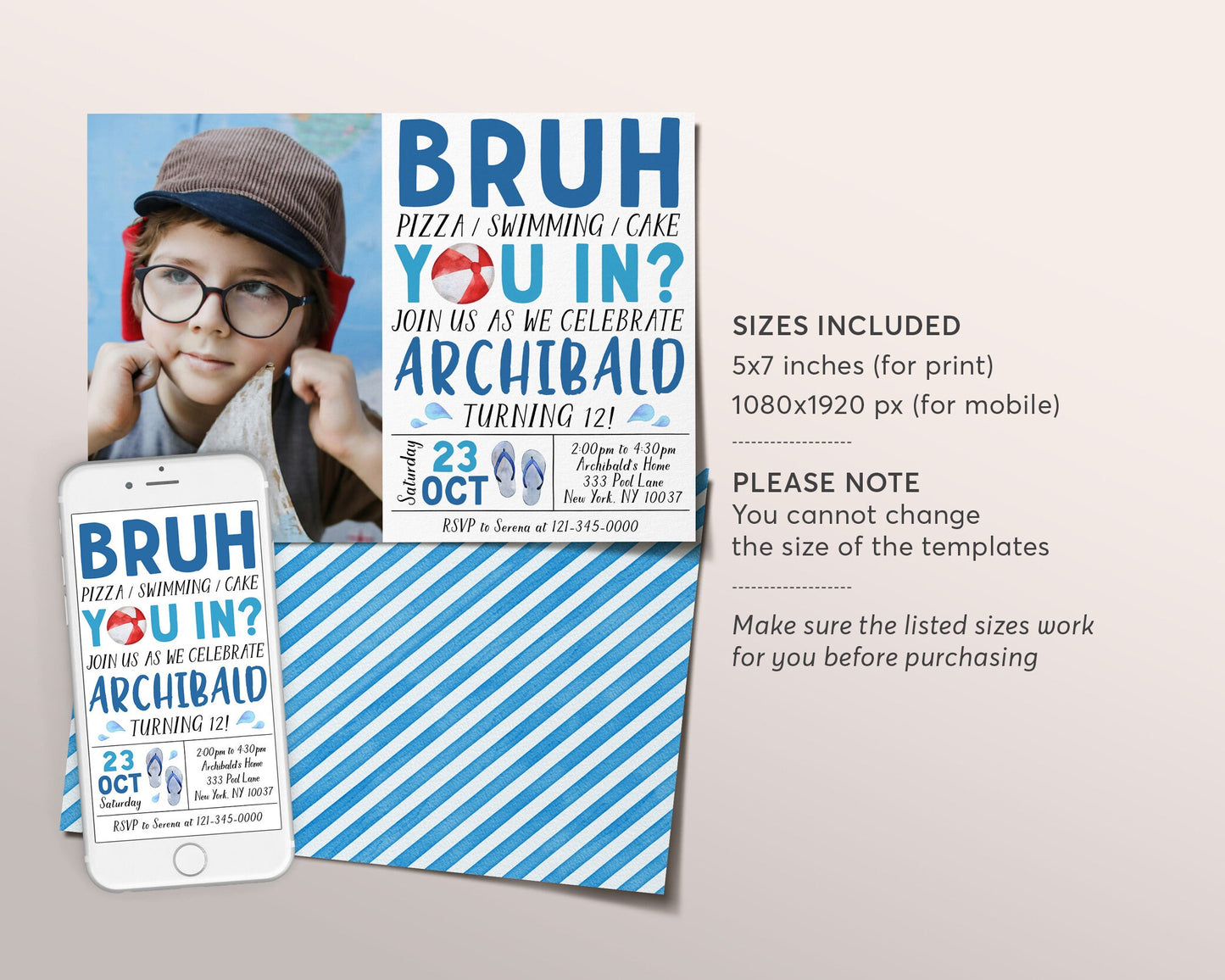 Bruh Pool Party Birthday Invitation With Photo Editable Template, Bruh It's My Birthday Pool Party Invite, Teenager Teen End Of School Evite