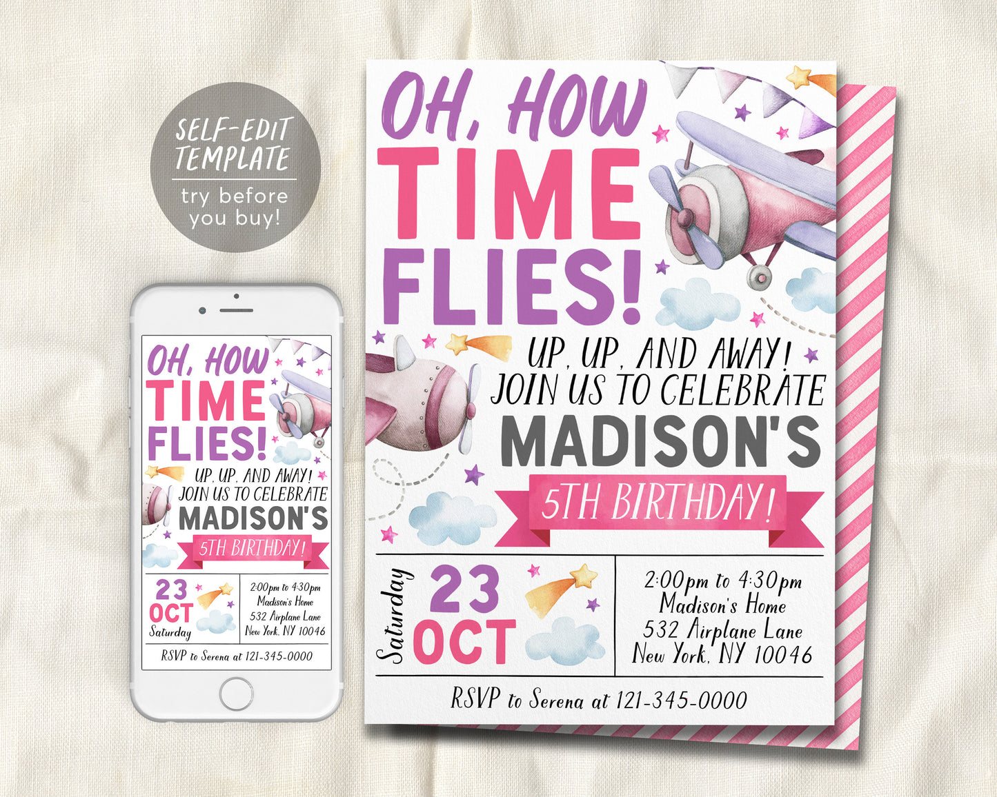 Airplane Birthday Invitation Editable Template