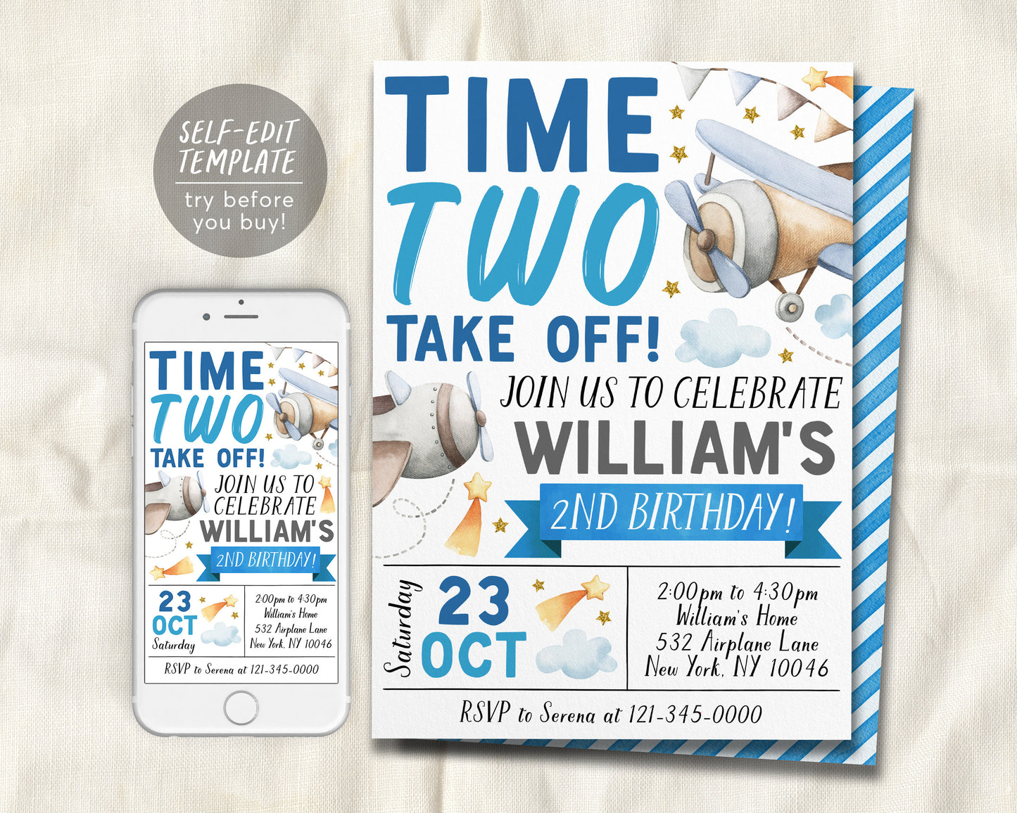 Airplane 2nd Birthday Invitation Editable Template