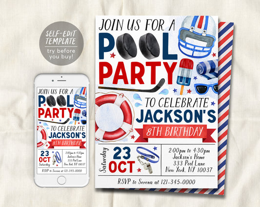 Hockey Pool Party Birthday Invitation Editable Template