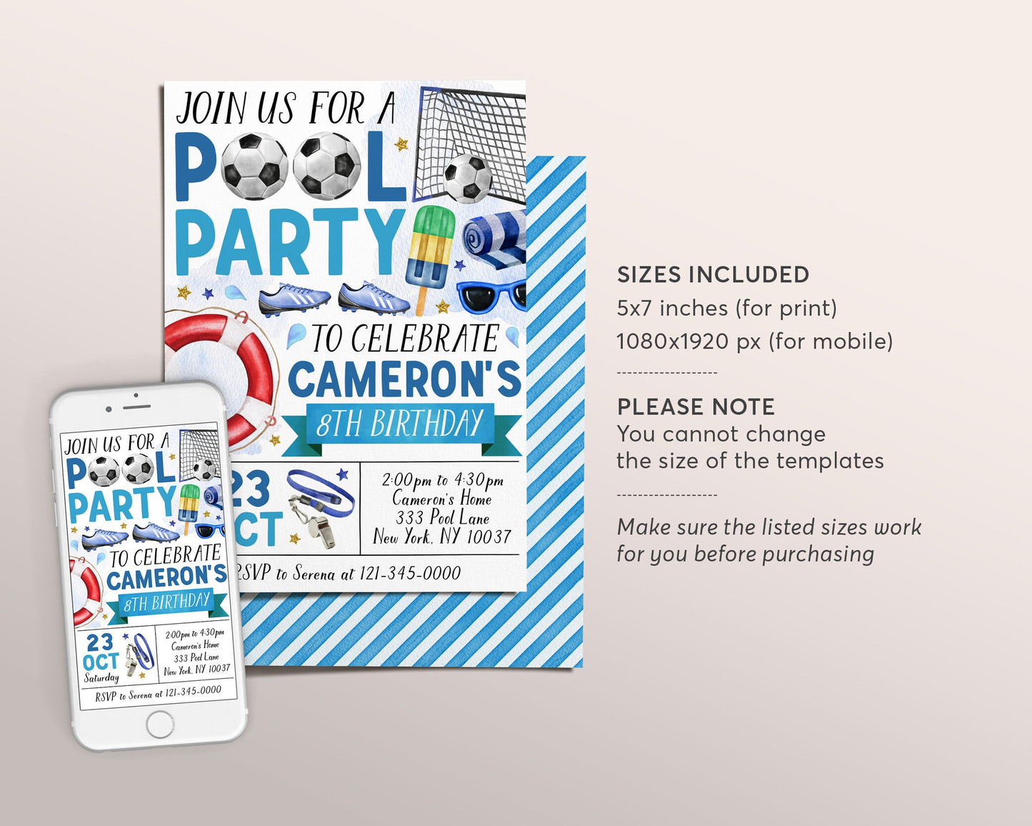 Soccer Pool Party Birthday Invitation Editable Template, Summer Sports Football Backyard Summer Party Invite, Boy Swimming Pool Evite