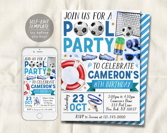 Soccer Pool Party Birthday Invitation Editable Template