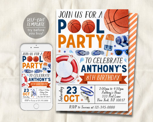 Basketball Pool Party Birthday Invitation Editable Template