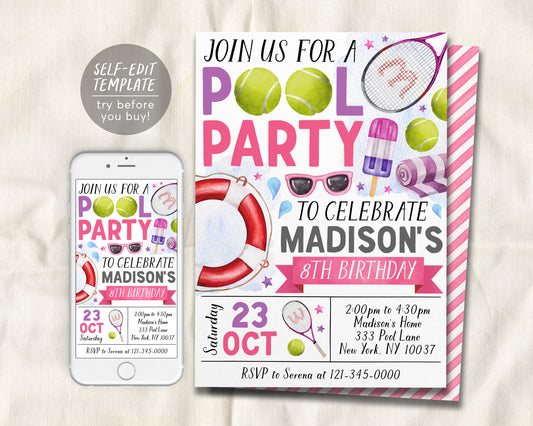 Tennis Pool Party Birthday Invitation Editable Template