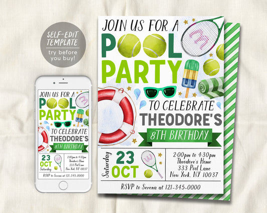 Tennis Pool Party Birthday Invitation Editable Template