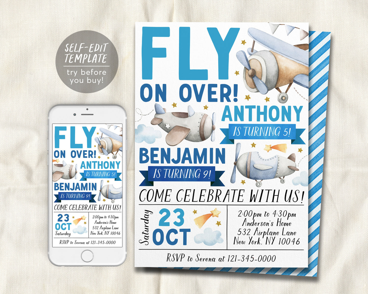 Airplane Joint Siblings Birthday Invitation Editable Template