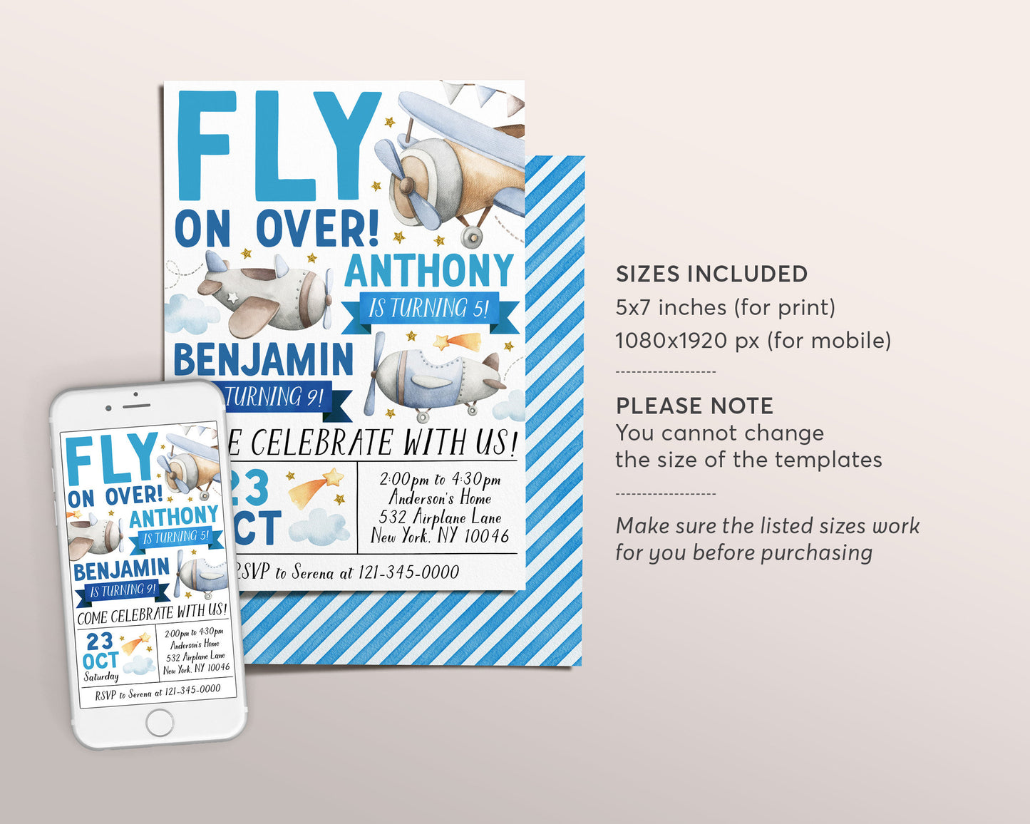 Airplane Joint Siblings Birthday Invitation Editable Template, Twins Boys Fly On Over Birthday Party Invite, Aviation Plane Theme Evite