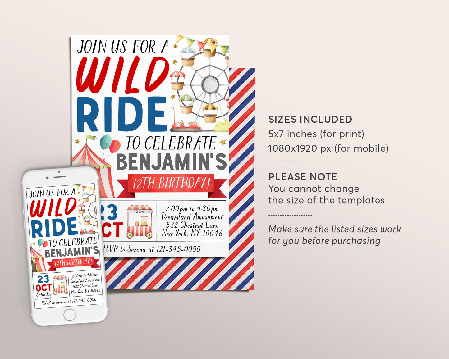 Amusement Park Birthday Invitation Editable Template, Unisex Boy Theme Park Party Invite, Carnival Wild Ride Evite Printable, Ferris Wheel