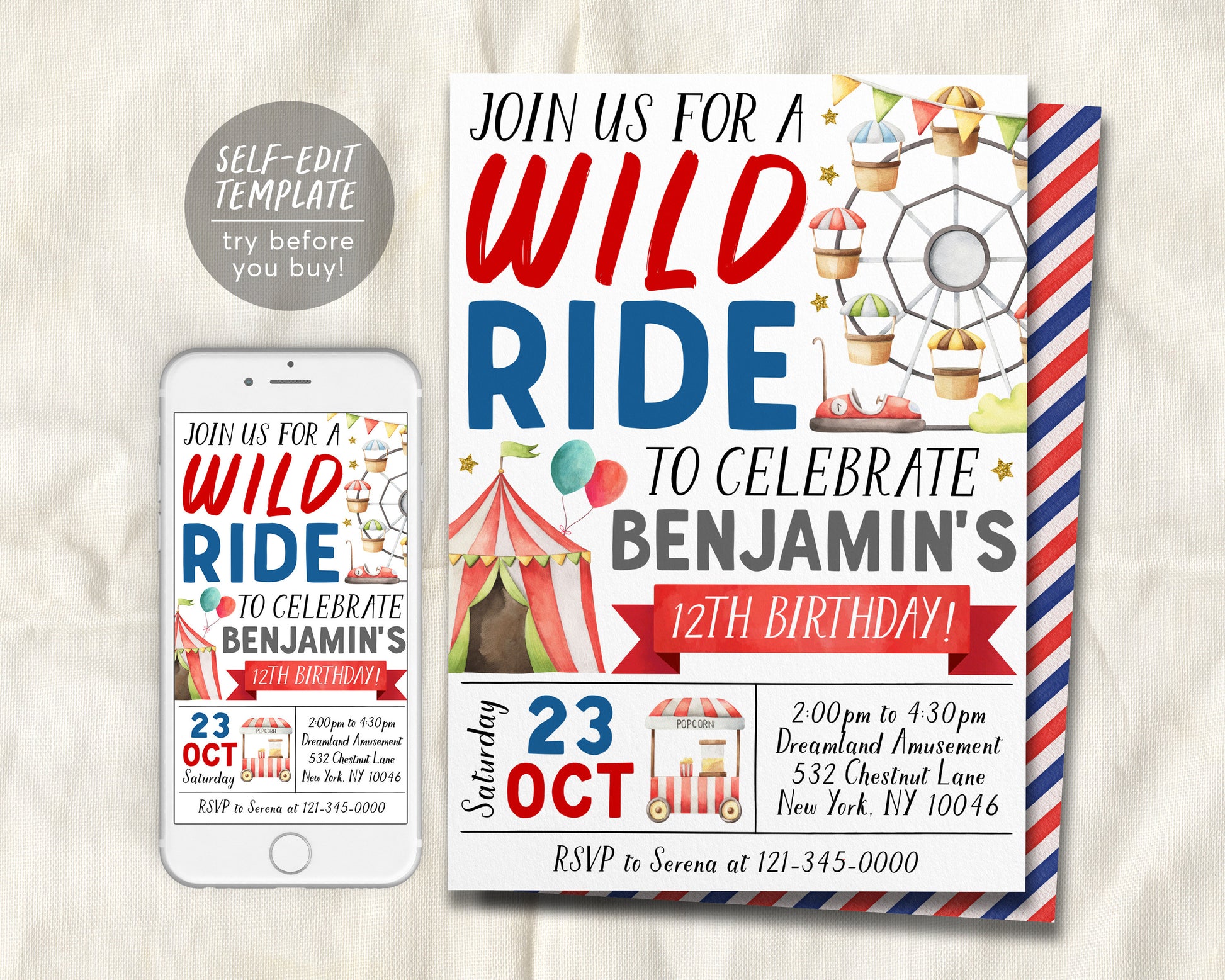 Amusement Park Birthday Invitation Editable Template