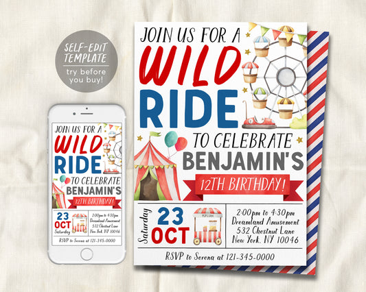 Amusement Park Birthday Invitation Editable Template