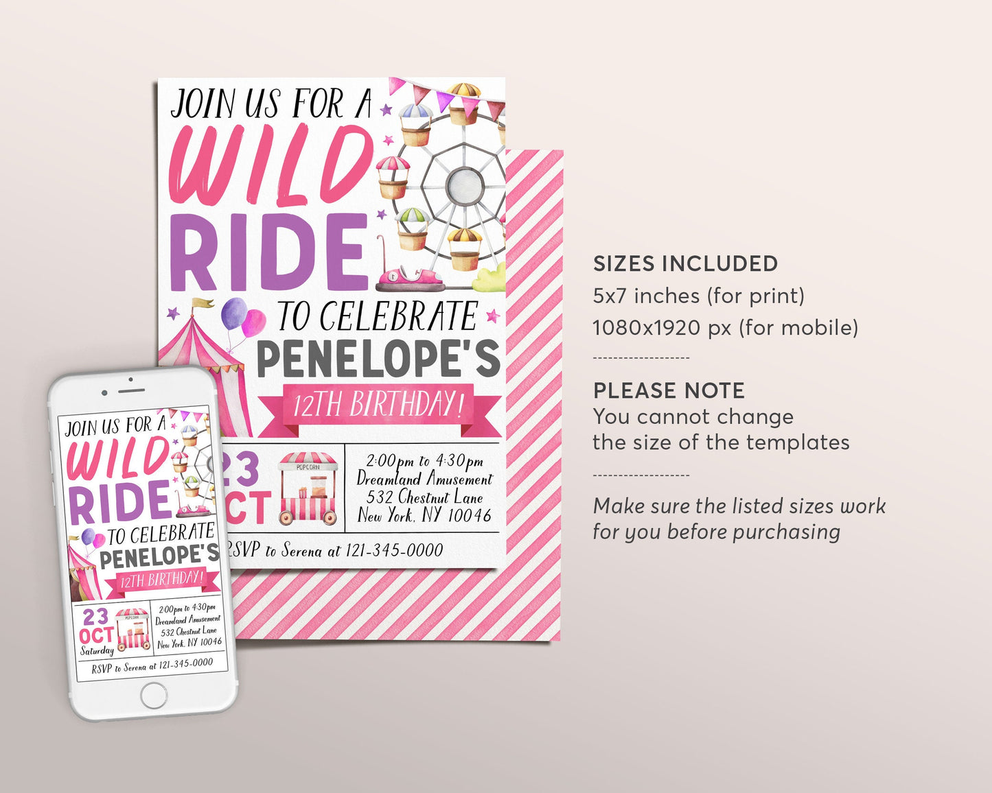 Amusement Park Birthday Invitation Editable Template, Unisex Girl Theme Park Party Invite, Carnival Wild Ride Evite Printable, Ferris Wheel