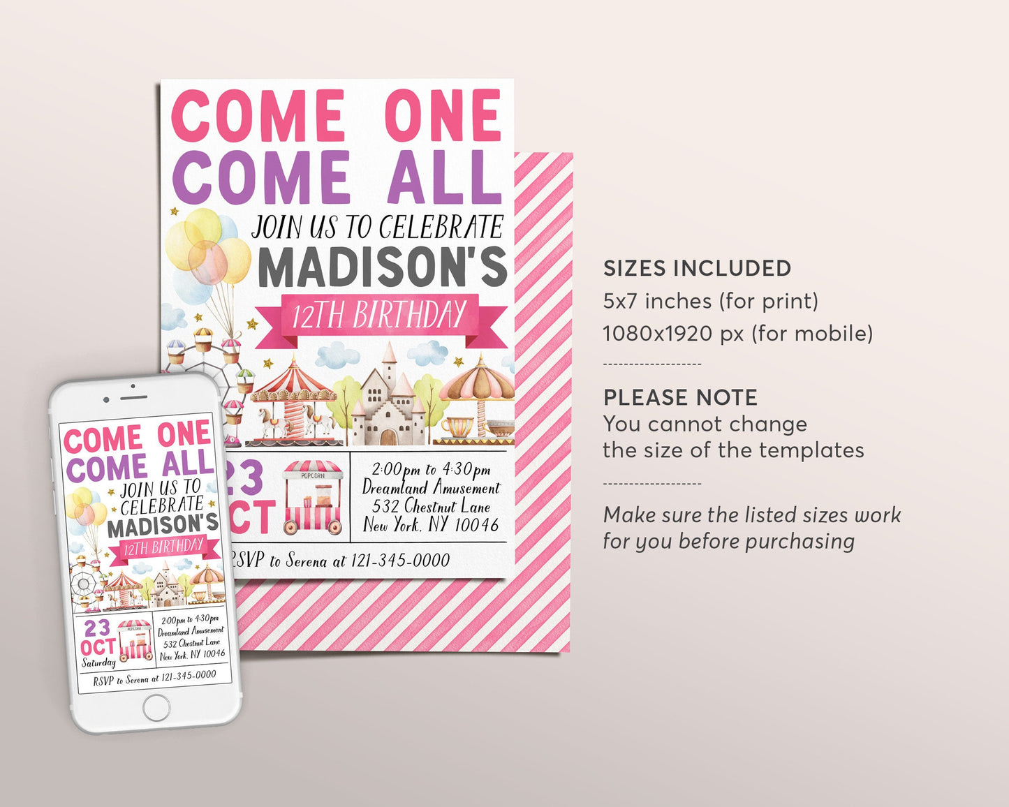 Carnival Theme Birthday Invitation Editable Template, Girl Amusement Park Party Invite, Come One Come All Carousel Evite, Magical Castle