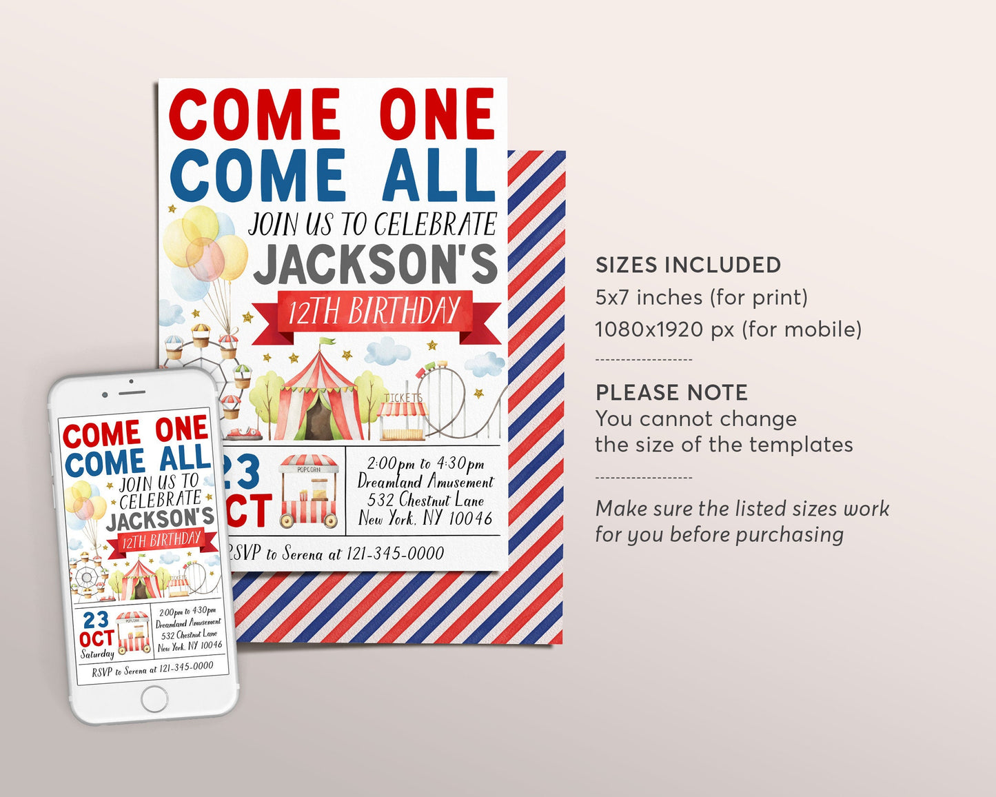 Carnival Theme Birthday Invitation Editable Template, Unisex Amusement Park Party Invite, Come One Come All Circus Evite, Roller Coaster