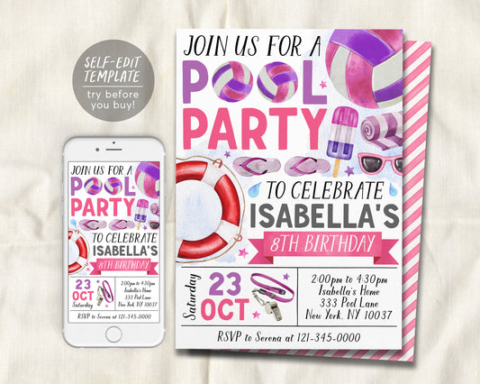 Volleyball Pool Party Birthday Invitation Editable Template