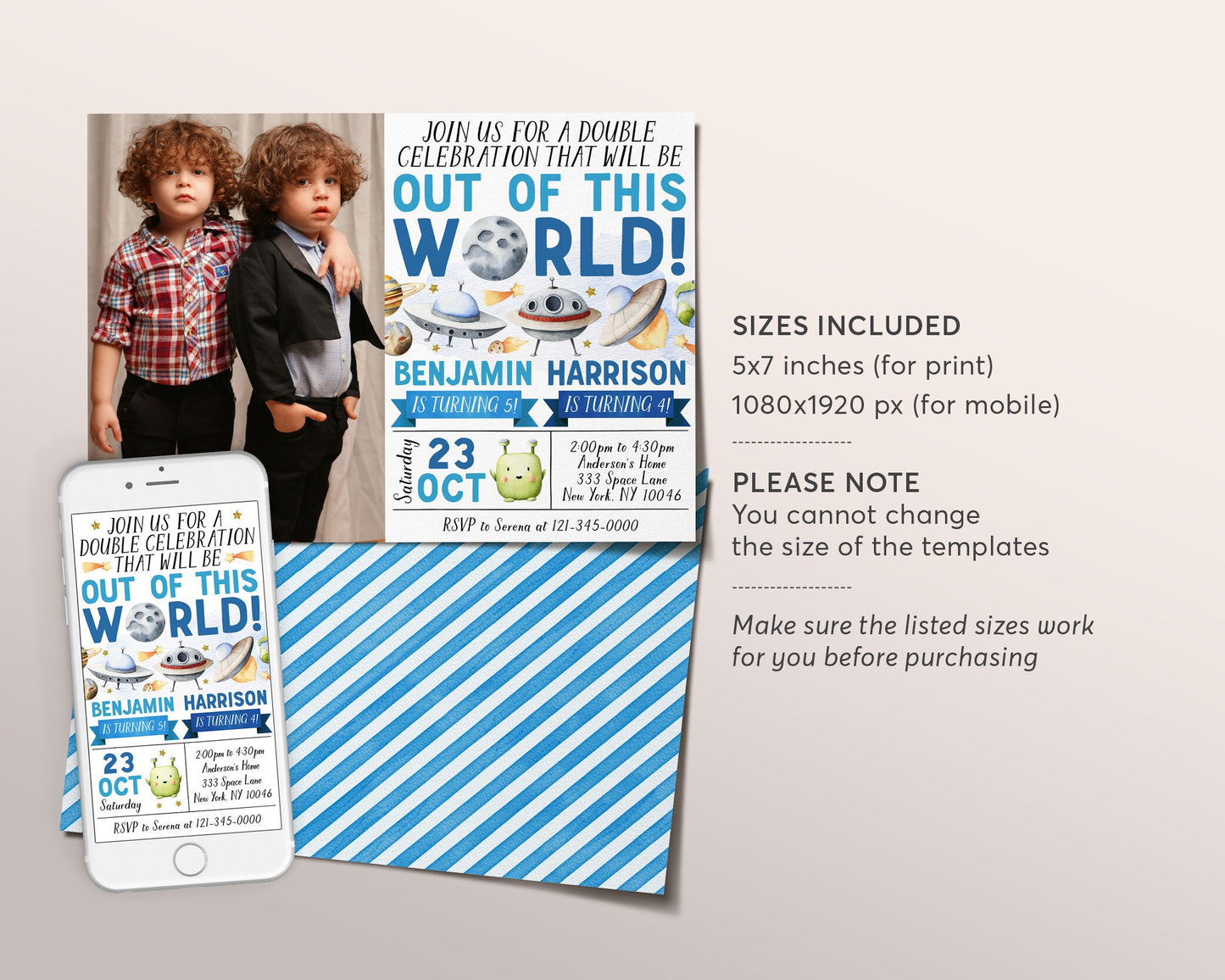 UFO Alien Joint Siblings Birthday Invitation With Photo Editable Template, Boys Twins Outer Space Party Invite, Out Of This World Evite