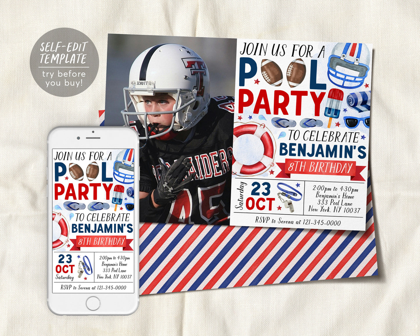 Football Pool Party Birthday Invitation With Photo Editable Template