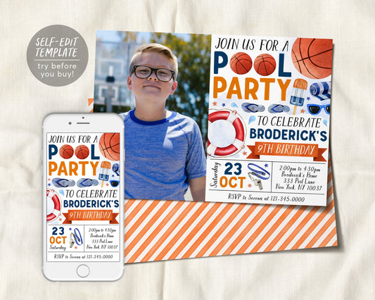 Basketball Pool Party Birthday Invitation With Photo Editable Template