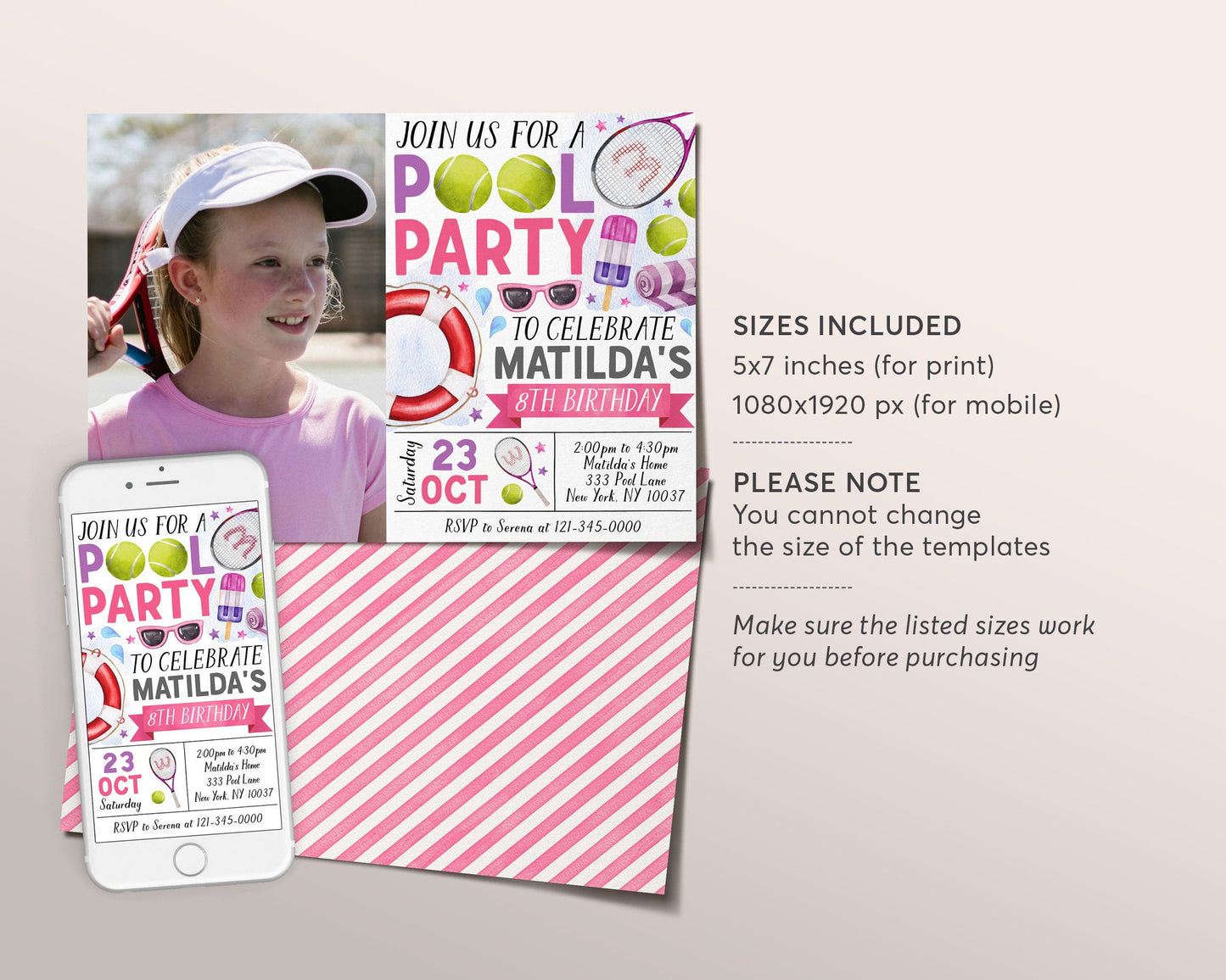 Tennis Pool Party Birthday Invitation With Photo Editable Template, Summer Sports Basketball Backyard Party Invite, Girl Swimming Pool Evite