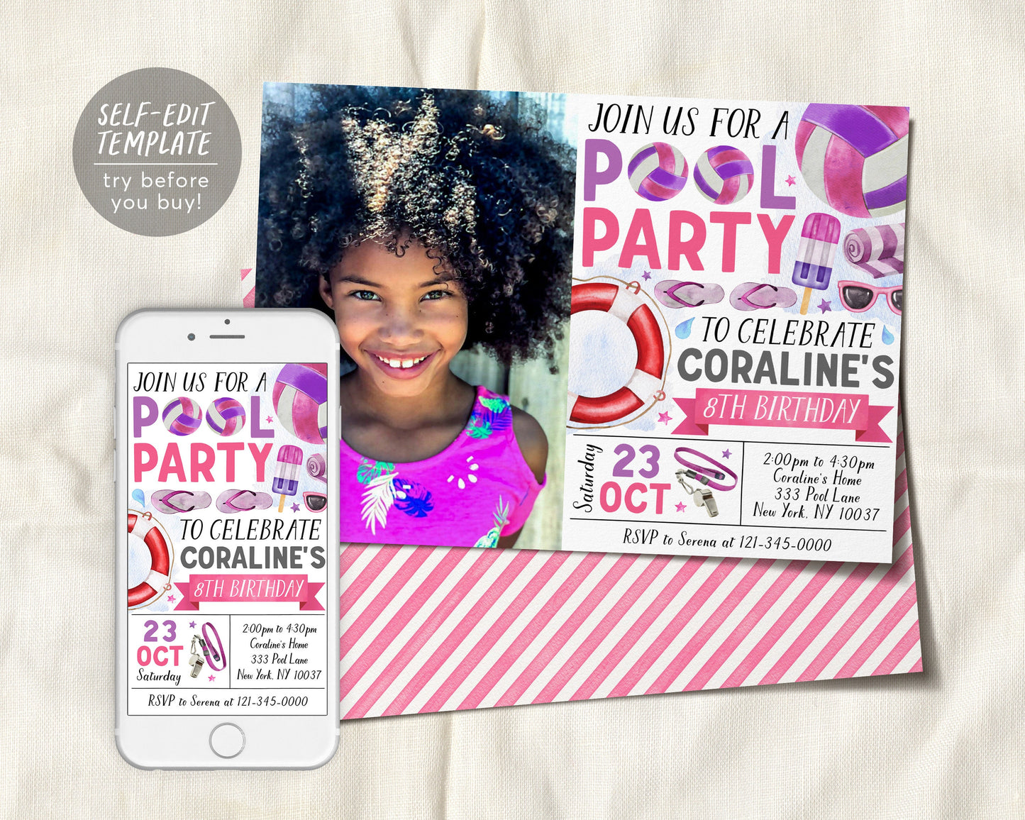 Volleyball Pool Party Birthday Invitation With Photo Editable Template