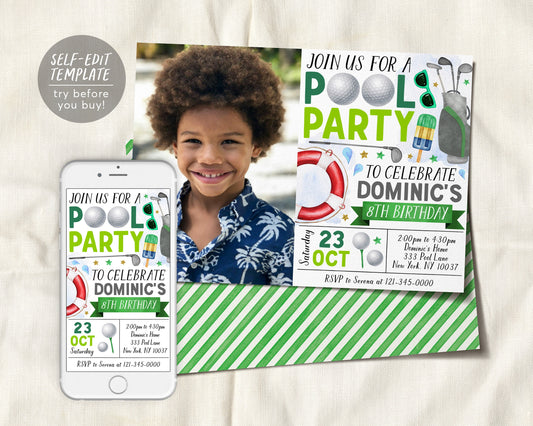 Golf Pool Party Birthday Invitation With Photo Editable Template