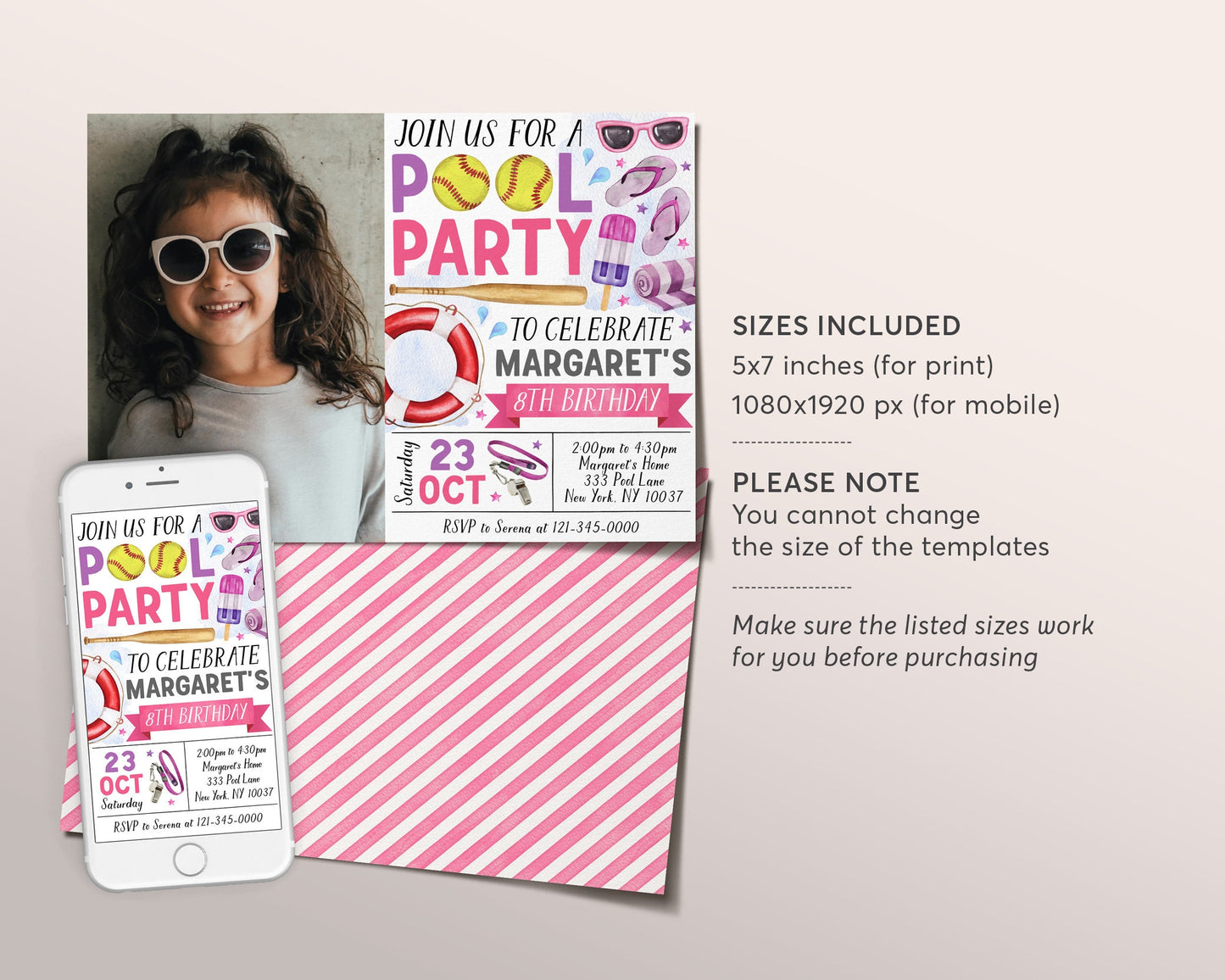 Softball Pool Party Birthday Invitation With Photo Editable Template, Summer Sports Softball Backyard Party Invite, Girl Swimming Pool Evite