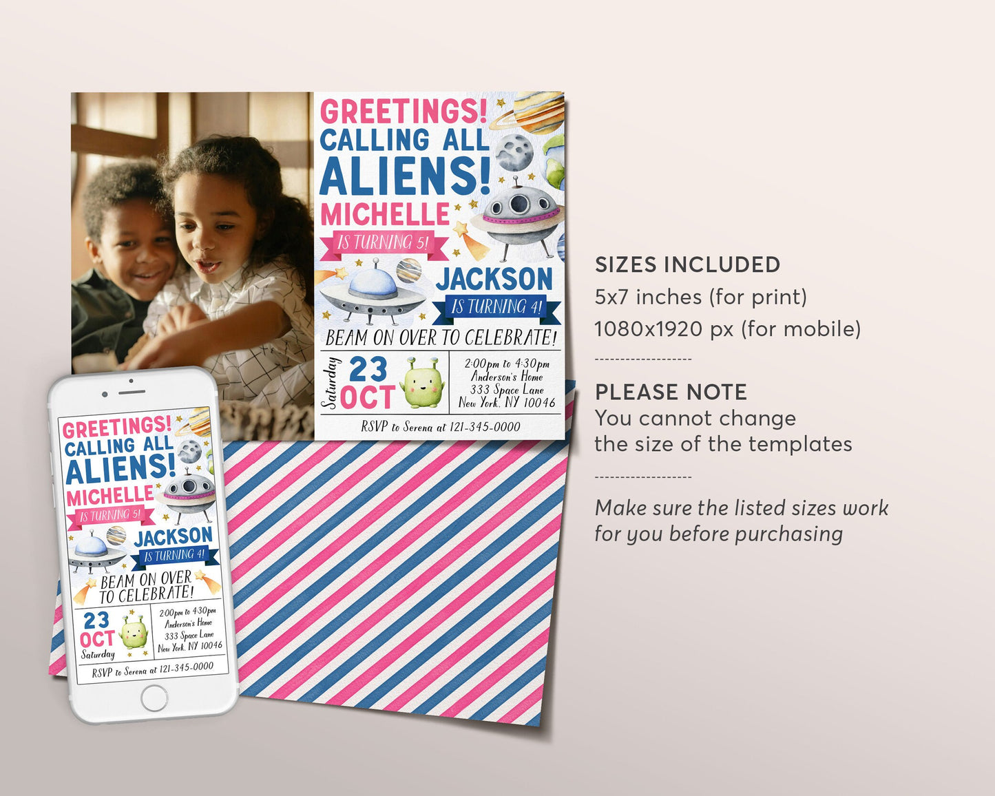 UFO Alien Joint Siblings Birthday Invitation With Photo Editable Template, Boy Girl Beam On Over Outer Space Party Invite, Out Of This World