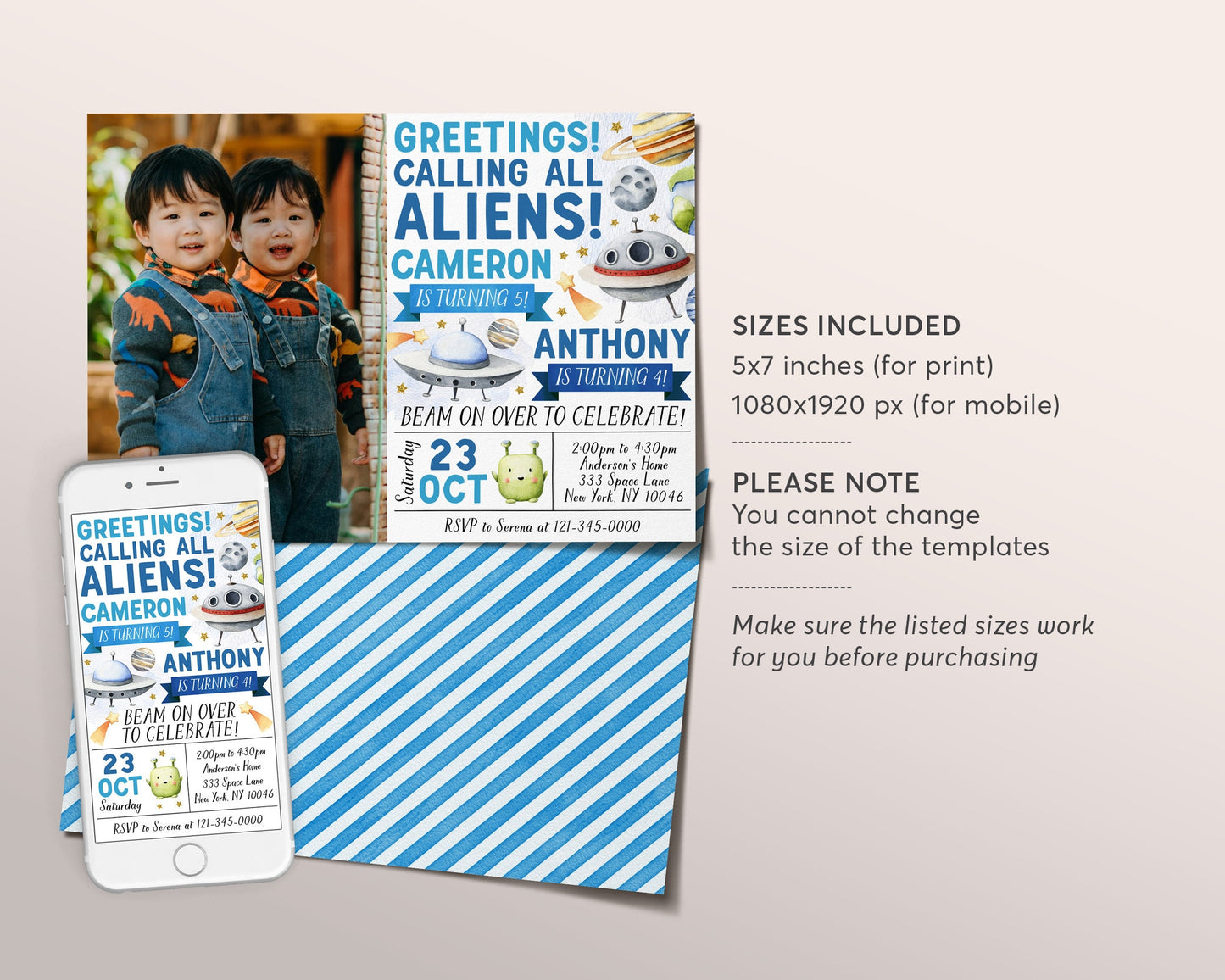 UFO Alien Joint Siblings Birthday Invitation With Photo Editable Template, Twins Beam On Over Outer Space Party Invite, Out Of This World