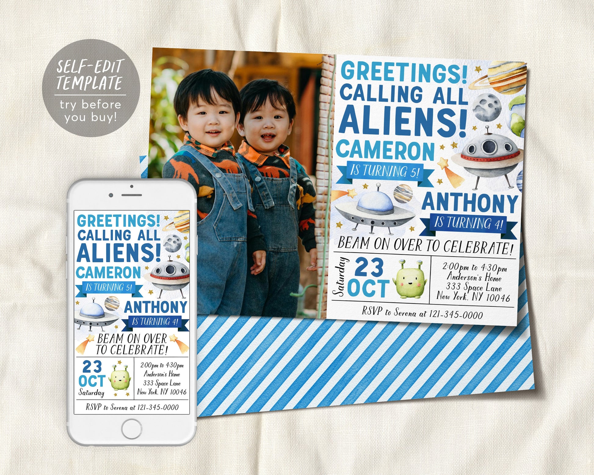 UFO Alien Joint Siblings Birthday Invitation With Photo Editable Template