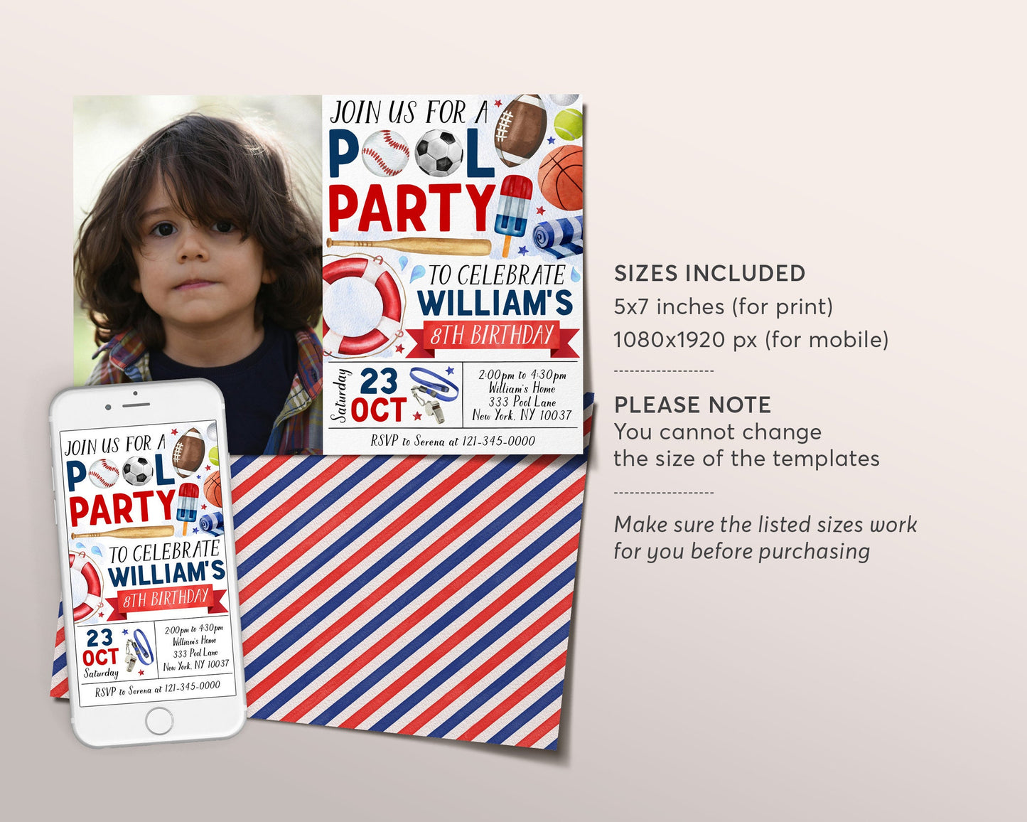 Sports Pool Party Birthday Invitation With Photo Editable Template, All Stars Football Baseball Backyard Party Invite Game Time Evite